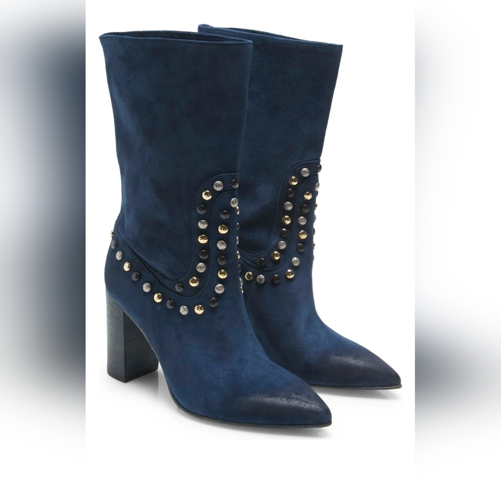 Western Chic Free People Blue Suede Studded Boots - Picture 2 of 8